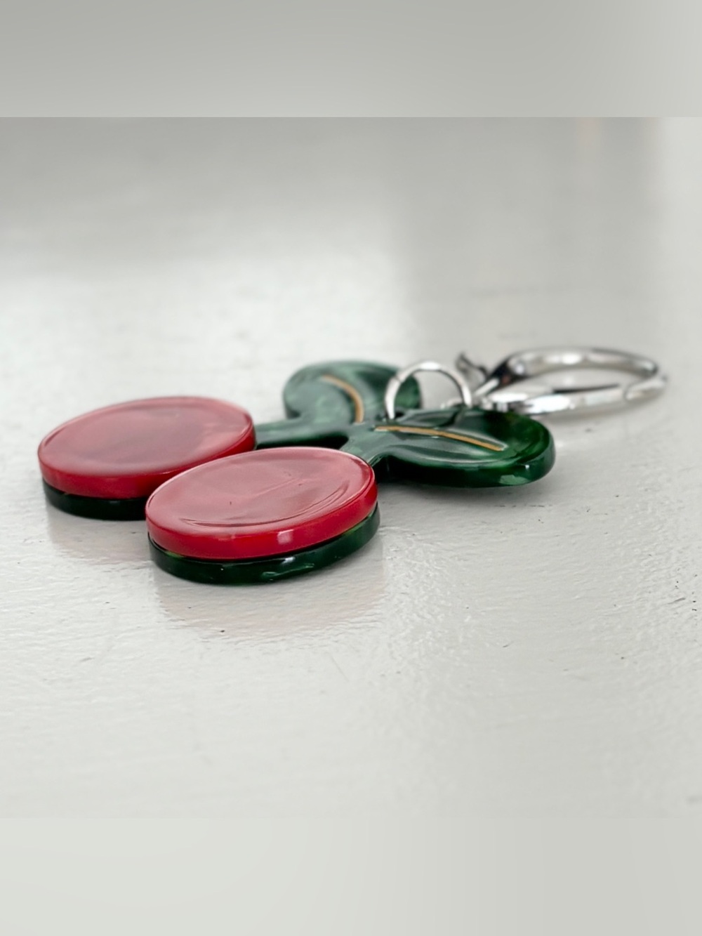 Cherry Bag Charm Pearlescent Red and Green Lobster Claw Keychain - Picture 5 of 8